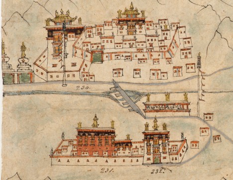 Panoramic map of Southern Tibet showing the monastic complex of Sakya Â© The British Library Board, Add. Or. 3016, Folio 2 (detail).