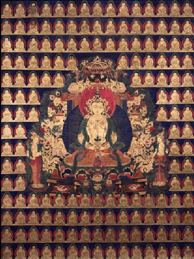 The Buddha of Immeasurable Life Amitayus, Tibet; 17th century, Pigments on cloth, (HAR 65106)
