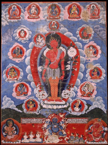 Red Lokeshvara Nepal; 19th century; pigments on cloth; Rubin Museum of Art; Gift of Shelley and Donald Rubin; C2006.66.45 (HAR 100013) A deity with many identities, Bunga Dya (as he is locally called) is a rain god who is also venerated by being carried in a chariot procession.