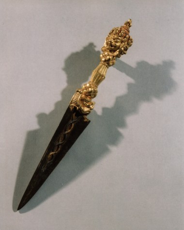 Three-bladed Ritual Dagger; Tibet; ca. 17th century; iron and gilt brass; Rubin Museum of Art; C2005.16.66 (HAR 65489)