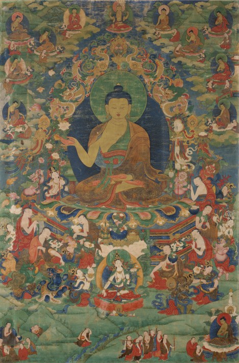 Buddha Shakyamuni Tibet; 18th century Pigment on cloth Rubin Museum of Art Gift of Shelley and Donald Rubin C2006.66.128 (HAR 75) Above is an 18th century painting of the Buddha holding a flower. According to legend, a large gathering of monks came to Vulture Peak to hear his teachings. When he sat in front of the monks, instead of speaking all the Buddha did was hold a single flower. All the monks were confused, except a monk Mahakasyapa who understand the unspeakable truth of the Buddha's gesture. From this teaching stemmed the zen tradition.