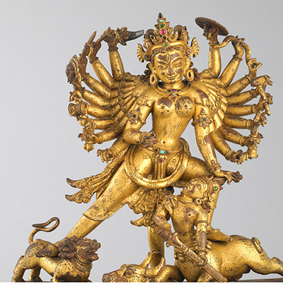 Durga Killing the Buffalo Demon (Durga Mahisasuramardini); Nepal; 12th or 13th century; gilt copper alloy; Rubin Museum of Art; C2005.16.11 (HAR 65433)