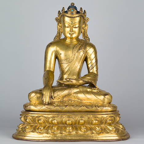 The Enlightened One, Lord of Shakya Clan, Shakyamuni Buddha; Tibet; 14th century; gilt copper alloy; Rubin Museum of Art; C2001.10.2 (HAR 65025)