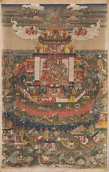 Padmasambhava in his Pure Land Copper-Colored Mountain; Kham Province, eastern Tibet; 19th century; pigments on cloth; Rubin Museum of Art; Gift of the Shelley & Donald Rubin Foundation; F1997.8.2 (HAR 111)