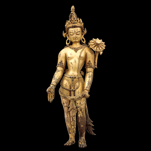 Bodhisattva Avalokiteshvara Nepal; 13th - 14th century Gilt copper alloy with semiprecious stone inlay Rubin Museum of Art C2005.16.8 (HAR 65430)