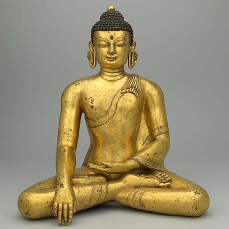 Buddha Shakyamuni; Karnali Basin, Northwestern Nepal; 13th century; gilt copper alloy with inlay; Rubin Museum of Art; C2006.24.1 (HAR 65687)