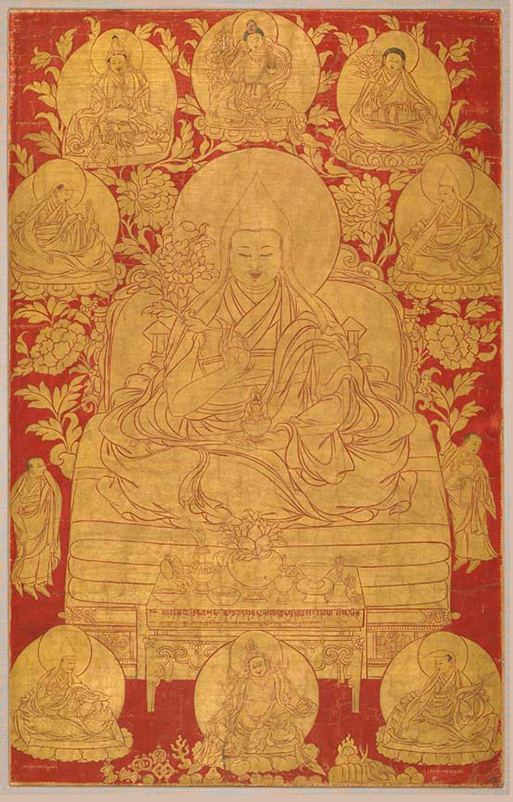 The Fifth Dalai Lama Ngawang Lobzang Gyatso (1617-1682) with Previous Incarnations; Central Tibet; 18th century; pigments on cloth; Rubin Museum of Art; Gift of the Shelley & Donald Rubin Foundation; F1996.29.3 (HAR 506)