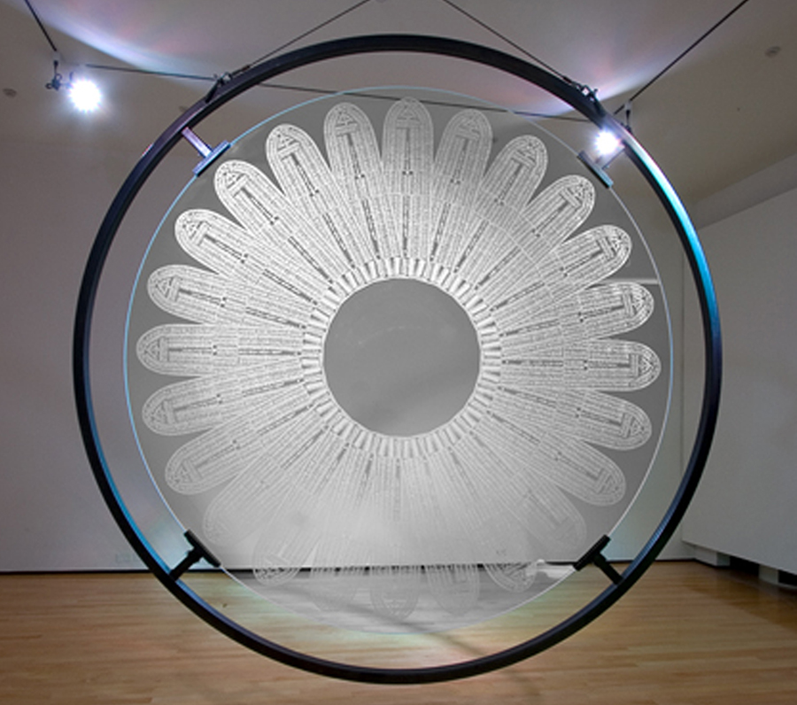 Sanford Biggers; Lotus (detail); 2007; steel, etched glass, colored LEDs; diam. 7 ft.; installation view of Grains of Emptiness: Buddhism Inspired Contemporary Art at the Rubin Museum of Art (2010-11); image courtesy of the artist