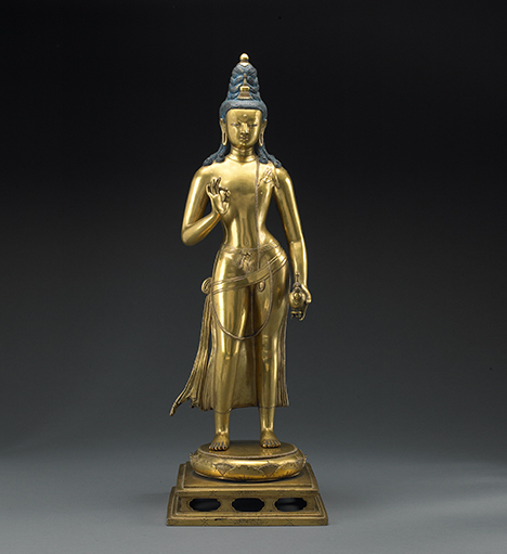 Maitreya; attributed to Zanabazar(1635-1723); Mongolia; 17th century; gilt bronze with blue pigment in the hair and traces of otherpigments in the eyes and mouth; 24 9/16 x 8 7/16 x 7 5/8 in. (62.4 x 21.5 x 19.4 cm); Harvard Art Museums/Arthur M. Sackler Museum; gift of John West; 1963.5; photograph: Imaging Department Â© President and Fellows of Harvard College