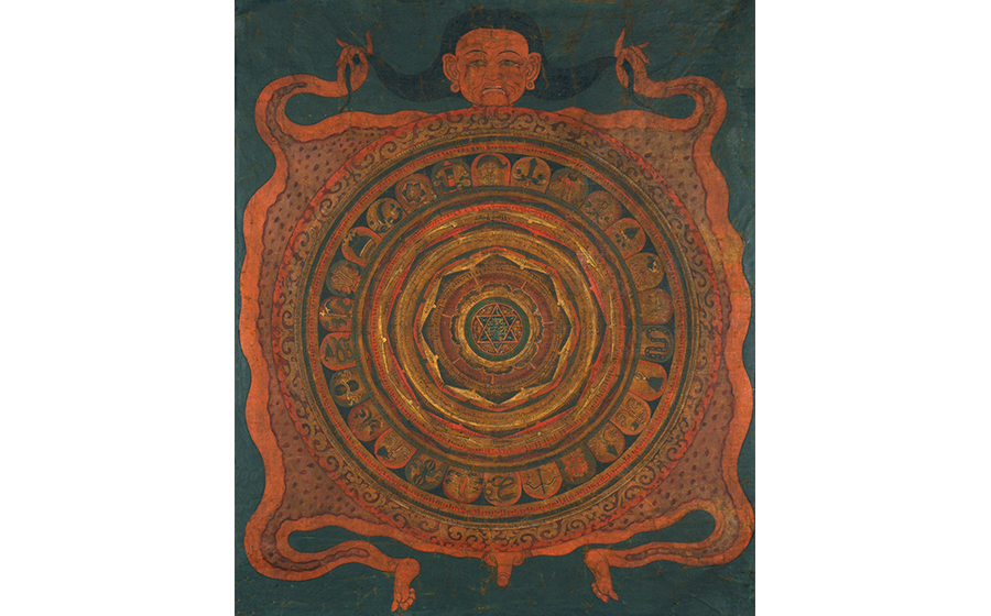 Canopy of a Mahakala Yantra; Tibet; 18th-19th century; pigments on cloth; 24â…œ x 20â…› in. (61.9 x 51.1 cm); Rubin Museum of Art; gift of Shelley and Donald Rubin; C2006.66.509 (HAR 977)