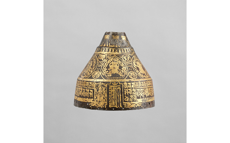 Helmet (rmog) with Wrathful Deities and Mantras of Power; Mongolia; 15th-17th century; iron, gold, silver, copper; height: 7 5/8 in. (19.5 cm); The Metropolitan Museum of Art; purchase, gift of William H. Riggs, by exchange, 1999; 1999.120