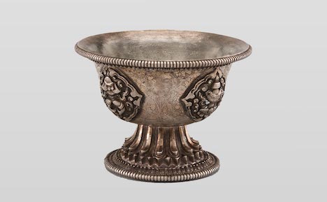 Stemmed Offering Bowl; Nepal; mid 20th century; silver; Rubin Museum of Art, gift of Shelley and Donald Rubin; SC2012.7.6.1