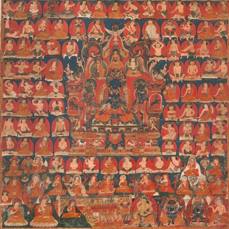 Vajradhara with Eighty-Five Great Adepts (Mahasiddhas); western Tibet; 15th century; pigments on cloth; Rubin Museum of Art, Gift of the Shelley & Donald Rubin Foundation; F1998.17.3 (HAR 665)