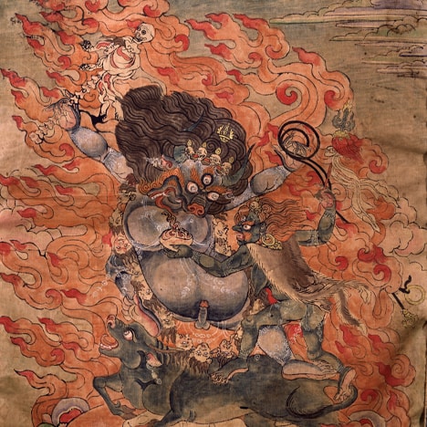 Yama Dharmaraja (also known as Kalarupa): Tibet; 18th century; woodblock print and pigments on silk; Rubin Museum of Art; gift of Shelley and Donald Rubin; C2006.66.264 (HAR 406)