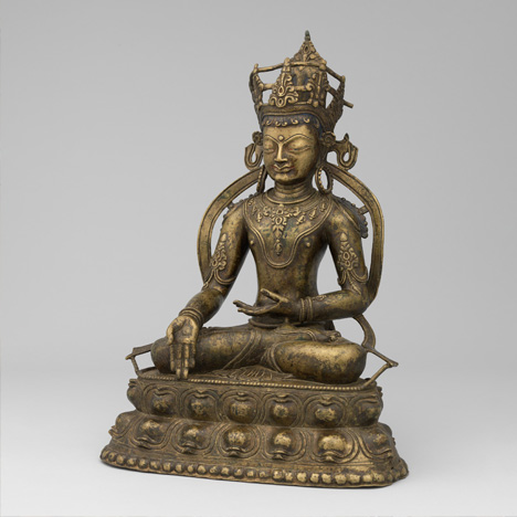 Buddha Ratnasambhava; Central Tibet; 13th century; brass with traces of pigment; Rubin Museum of Art; C2010.19 (HAR 65931)