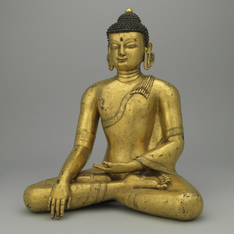 Buddha Shakyamuni; northwestern Nepal, Khasa Malla rule; 13th14th century; gilt copper alloy; Rubin Museum of Art; C2006.24.1 (HAR 65687)