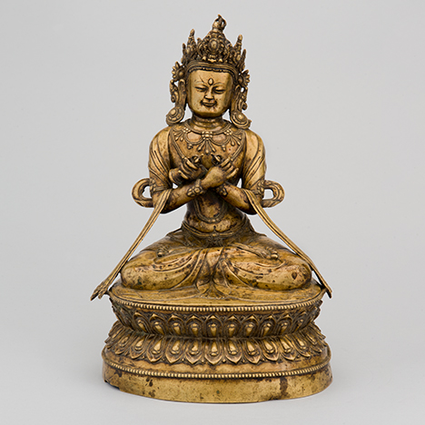 Buddha Vajradhara; Nepal; 14th century; gilt copper alloy with inlays of semiprecious stones; Rubin Museum of Art; C2005.16.43 (HAR 65466)