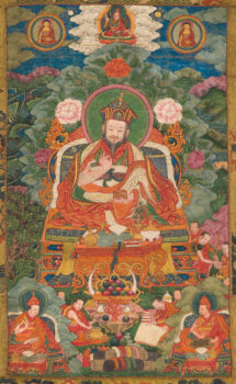 Large seated figure with colorful robes surrounded ny smaller figures above and below.