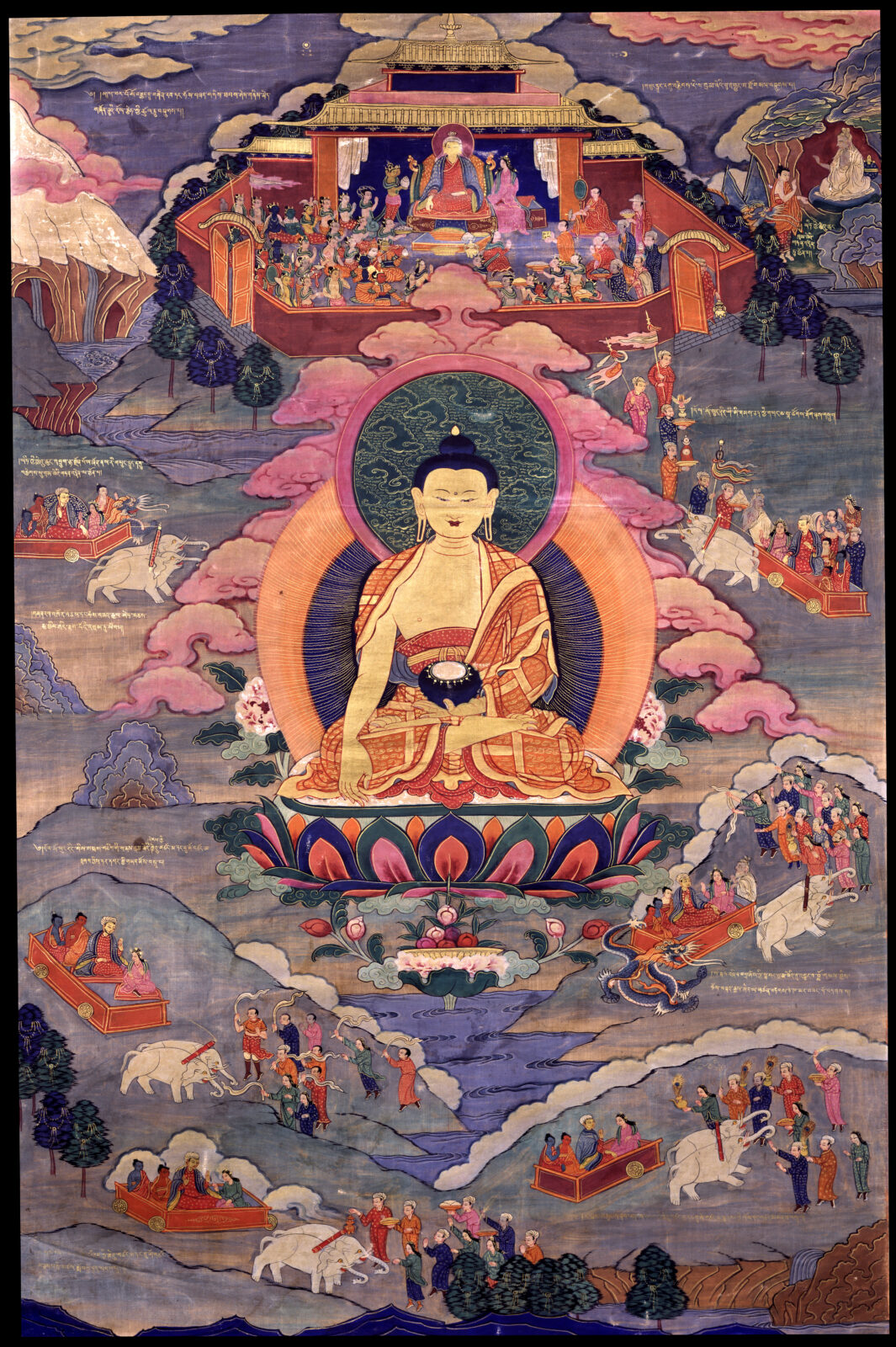 Painting with large central figure seated on lotus blossom surrounded by temple above and people and elephants below.