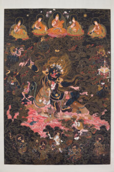 A large, black-skinned, three-eyed, open-mouthed figure rides a horse at center, draped in human gore and surrounded by swirling motifs. Five figures in orange robes sit at the upper register, all against a black background with gold lines.