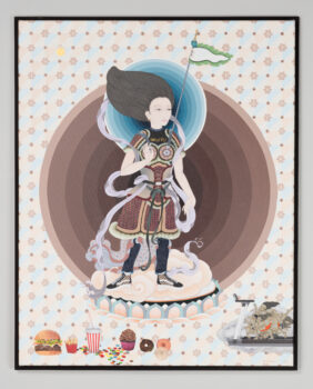 A female figure stands at center, richly dressed, with flowing hair and the word “security” inscribed across their chest in English. Concentric blue and brown circles surround the figure’s head and body respectively, against a geometric patterned background. A row of "junk" food items appears at lower left. At lower right, a group of small fleshy figures surrounded by clouds struggle to keep up on a treadmill.