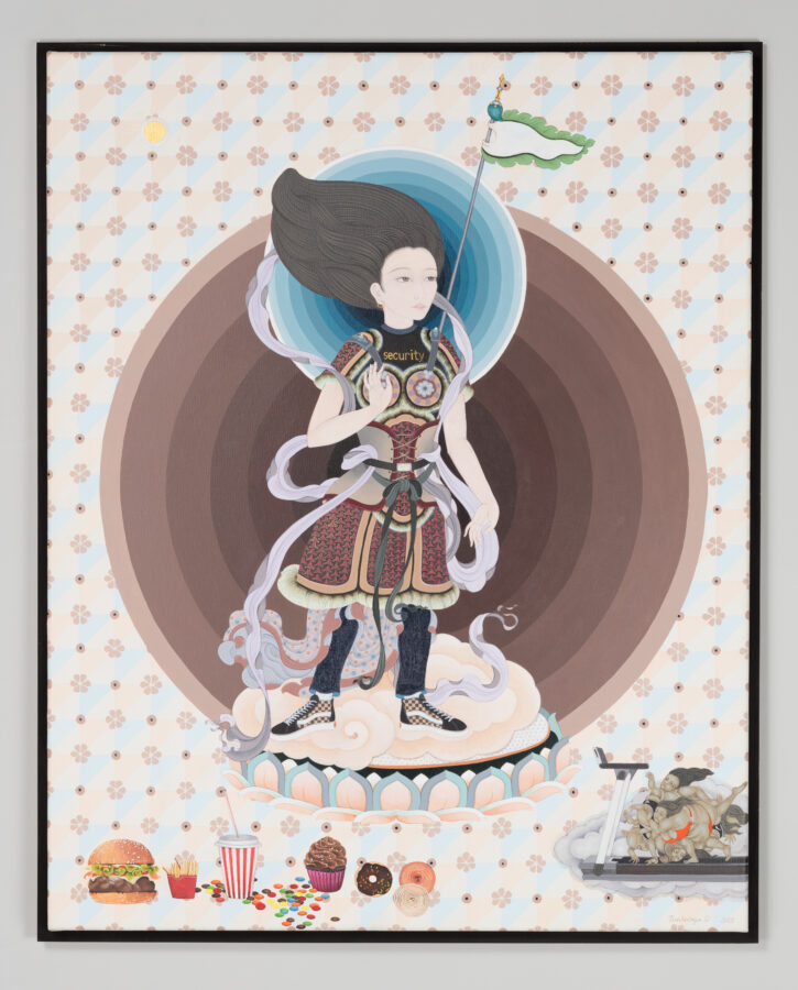 A female figure stands at center, richly dressed, with flowing hair and the word “security” inscribed across their chest in English. Concentric blue and brown circles surround the figure’s head and body respectively, against a geometric patterned background. A row of "junk" food items appears at lower left. At lower right, a group of small fleshy figures surrounded by clouds struggle to keep up on a treadmill.