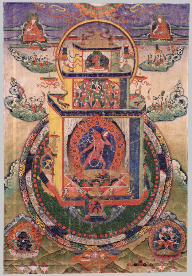 Thangka mandala painting centered on a red wrathful deity within a temple structure, surrounded by concentric protective rings, with seated lamas above and small deity figures in the corners.