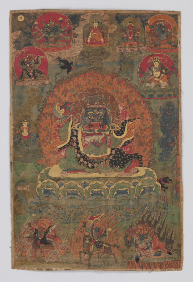 A large, open-mouthed, blue figure wearing a large black cloak sits at center, surrounded by a ring of flames. Burning figures populate the lower register, some trampling humans. More figures sit among clouds in the sky depicted at the upper regist