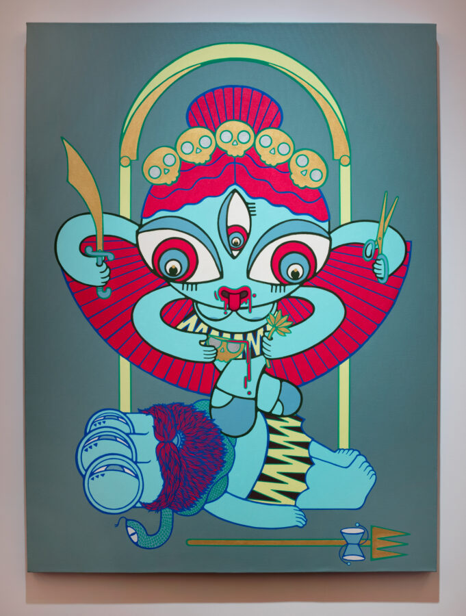 Contemporary painting reimagining a wrathful Hindu goddess in flat graphic style, with a turquoise three-eyed face, red skull crown, blue skin, and stylized weapons, rendered in bold outlines against a slate-blue background.