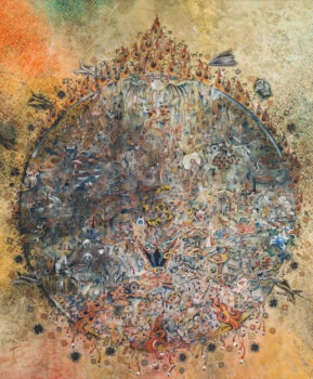 Contemporary painting of a densely detailed circular composition filled with intricate figures, creatures, and symbols in muted earth tones, crowned by flame motifs, set against a textured golden and orange background.