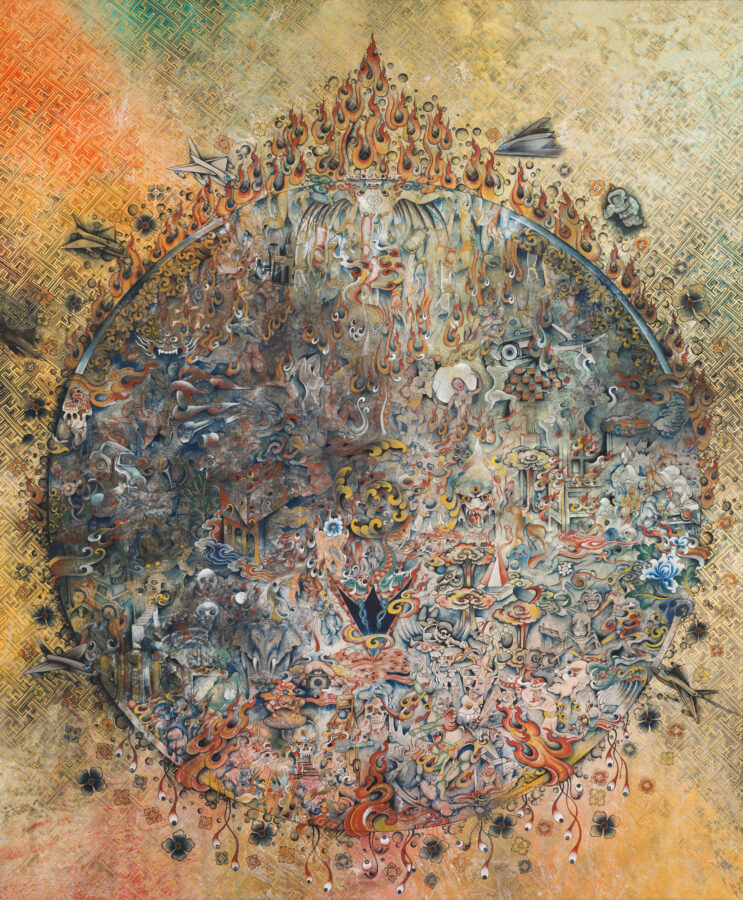 Contemporary painting of a densely detailed circular composition filled with intricate figures, creatures, and symbols in muted earth tones, crowned by flame motifs, set against a textured golden and orange background.