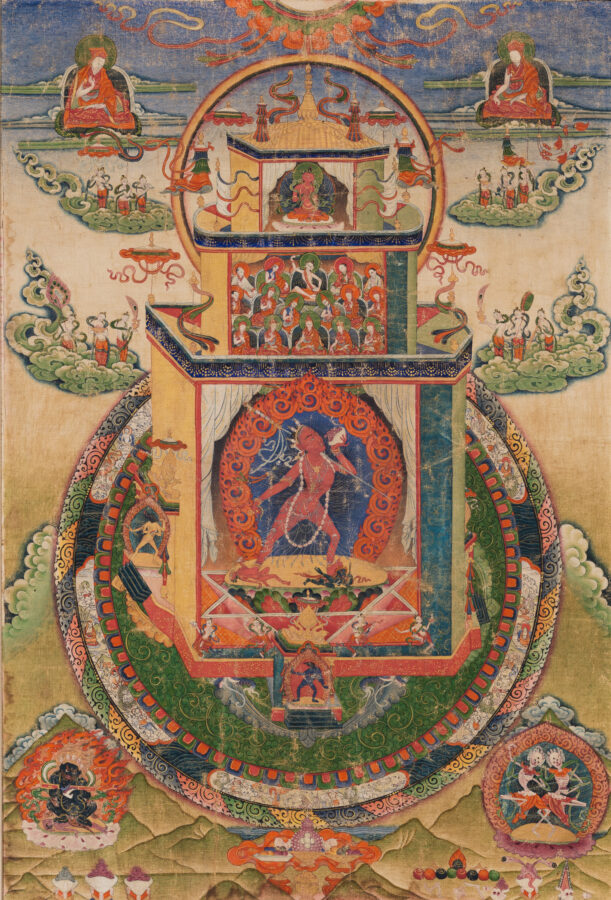 Thangka mandala painting centered on a red female deity within a temple structure, surrounded by concentric protective rings, with seated teachers above and small deity figures in the corners.