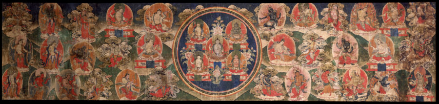 Horizontal painting with five seated figures in a circle with three horizontal rows of figures on either side