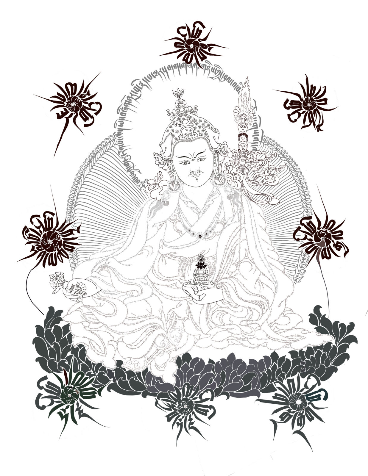 Illustration of Guru Padmsambhava surrounded by flowers composed of Tibetan script