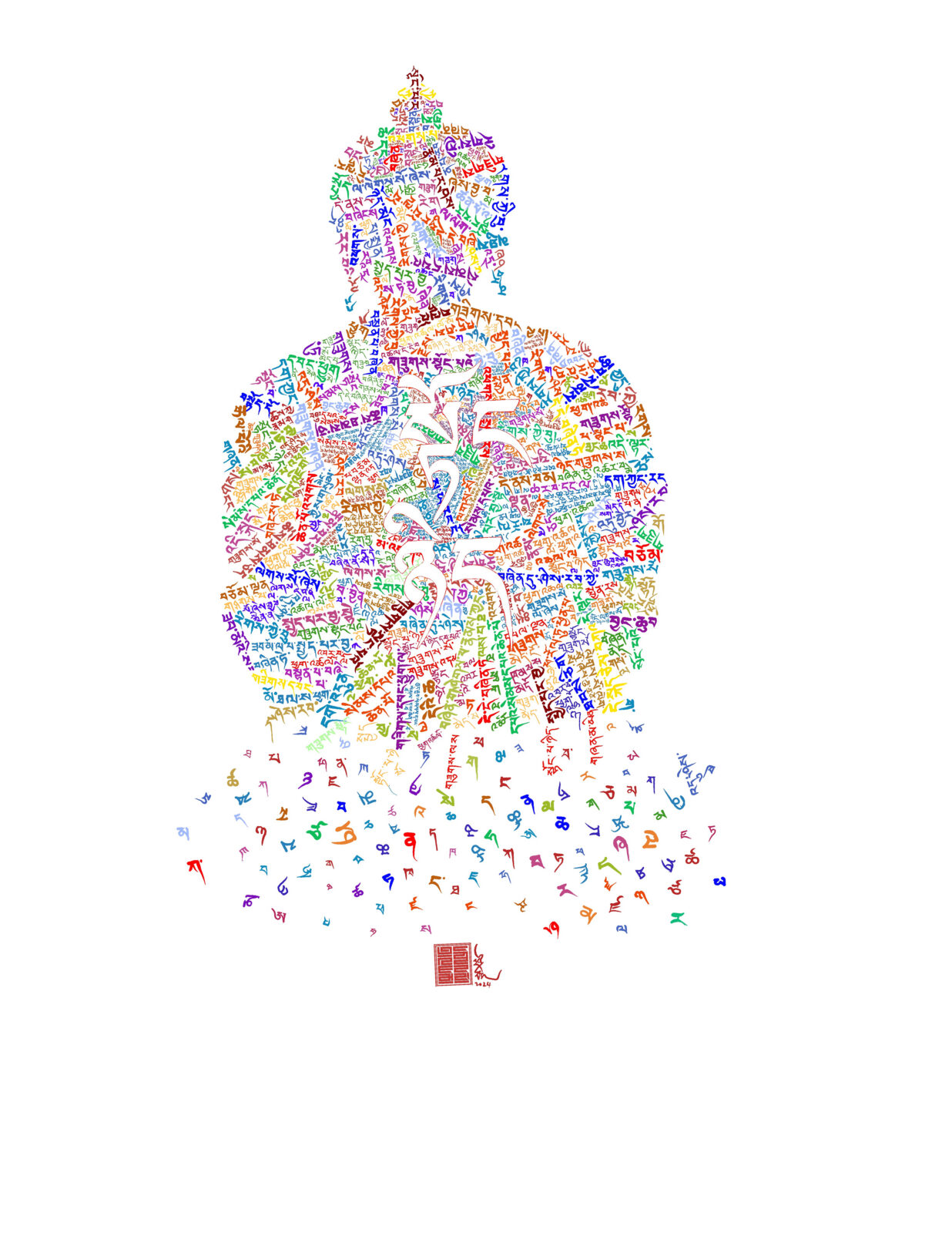 Colorful Tibetan script letters of the Heart Sutra scattered into the shape of a deity
