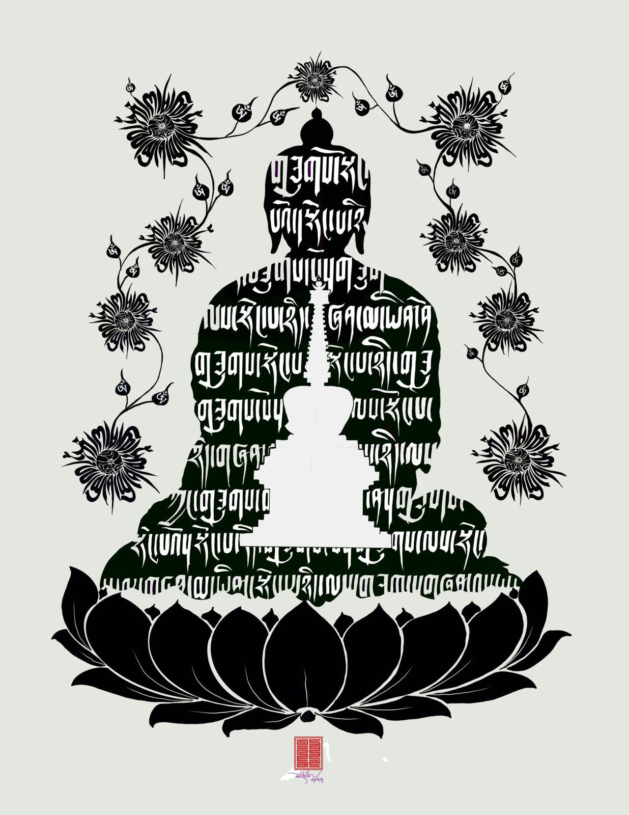 Black and white silhouette of the Buddha surrounded by flowers composed of letters of the Buddha mantra