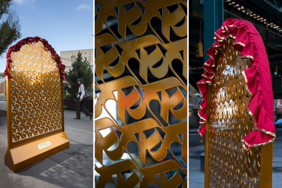 composite image of three photos of the public sculpture about a living culture by Sneha Shrestha