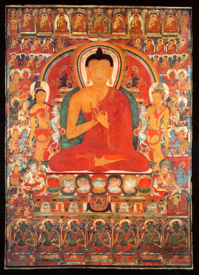 Painting of larger figure in red robe seated on a lotus blossom surrounded by many other smaller seated figures.