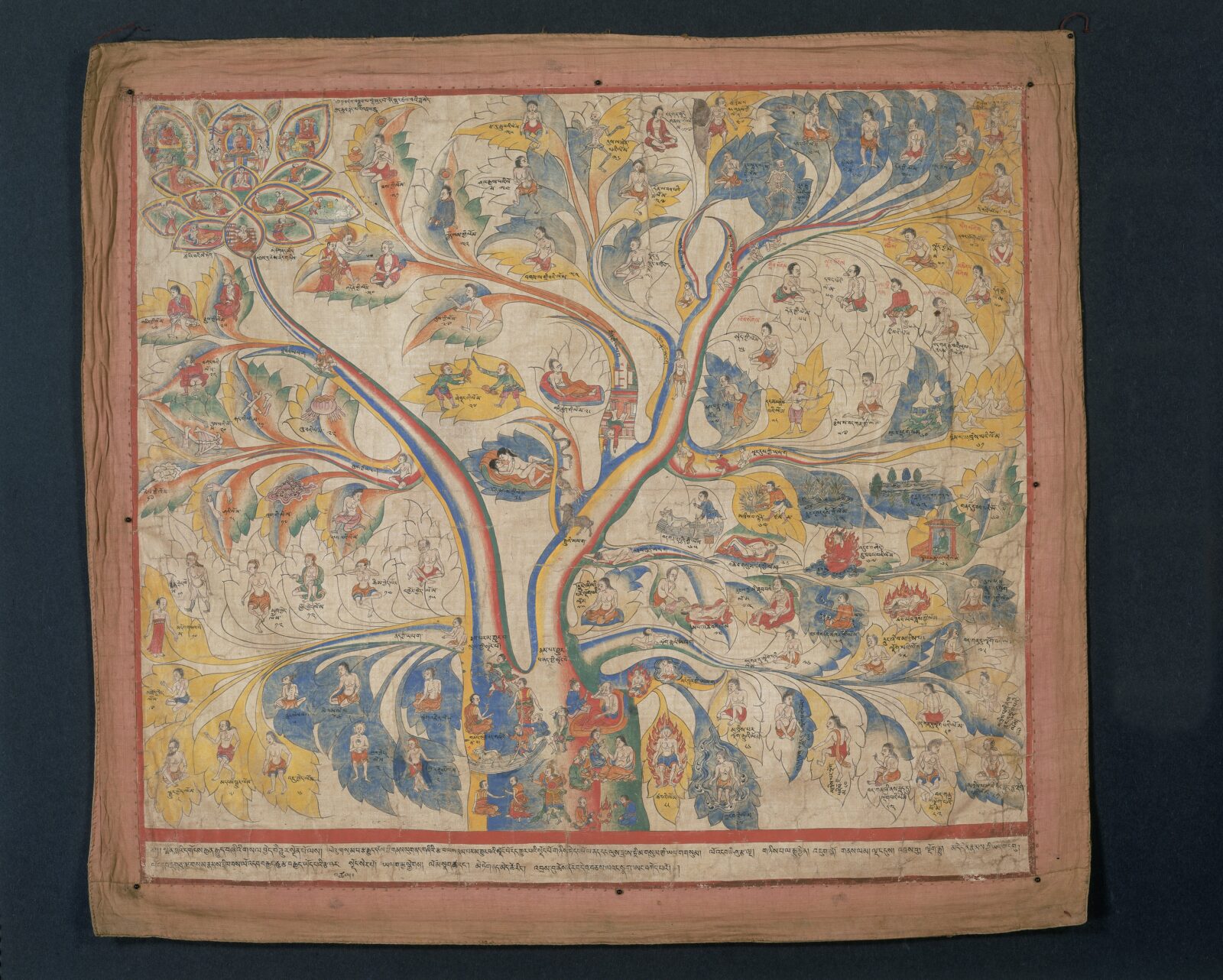 Painting of tree with small figures on all of the branches.