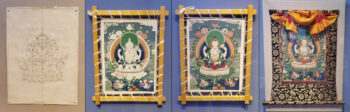 Four images showing progress of painting of bodhisattva from drawing on left to finished painting on right.