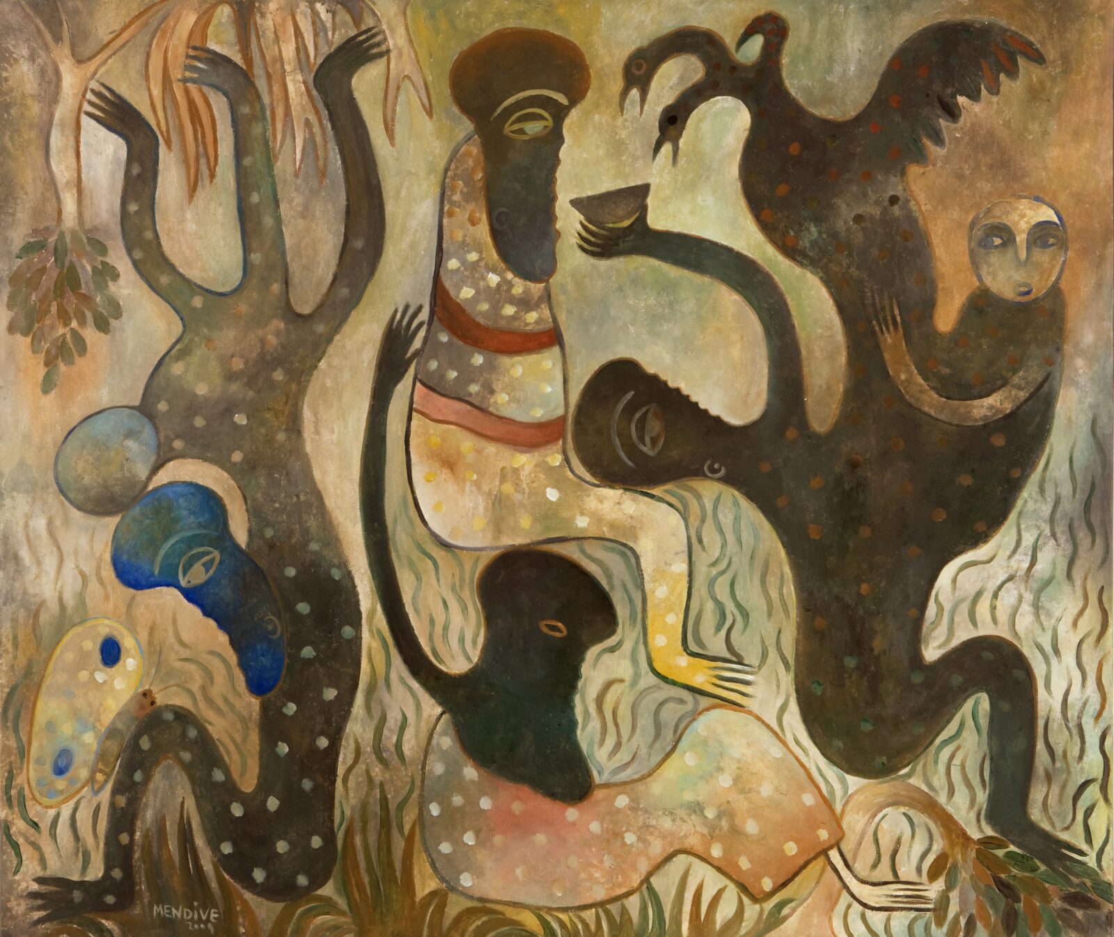 Painting of swirling abstract figures and three-headed bird.