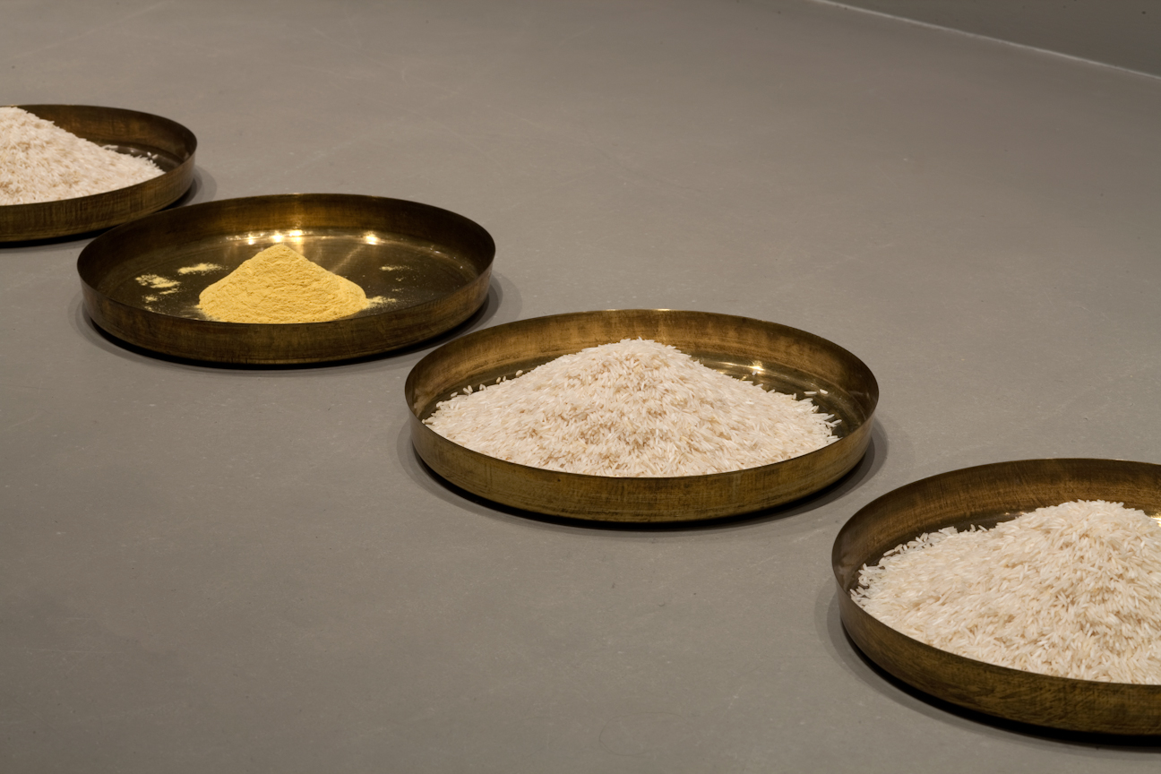 Four shallow metal bowls containing mounds of white rice or yellow spice..