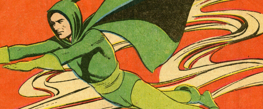 Drawing of man in skintight green suit and cape flying with with wavy red and cream design in background.