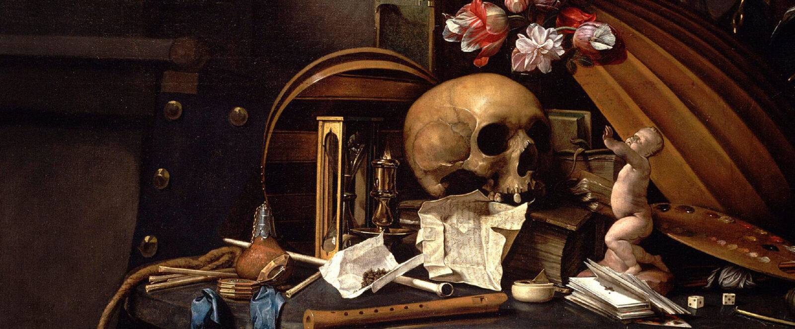 Painting of objects on a table, including a skull, pair of dice, recorder, tobacco, letter, hourglass, flowers, artist's palette, and small ceramic statue of chubby light-skinned naked child.