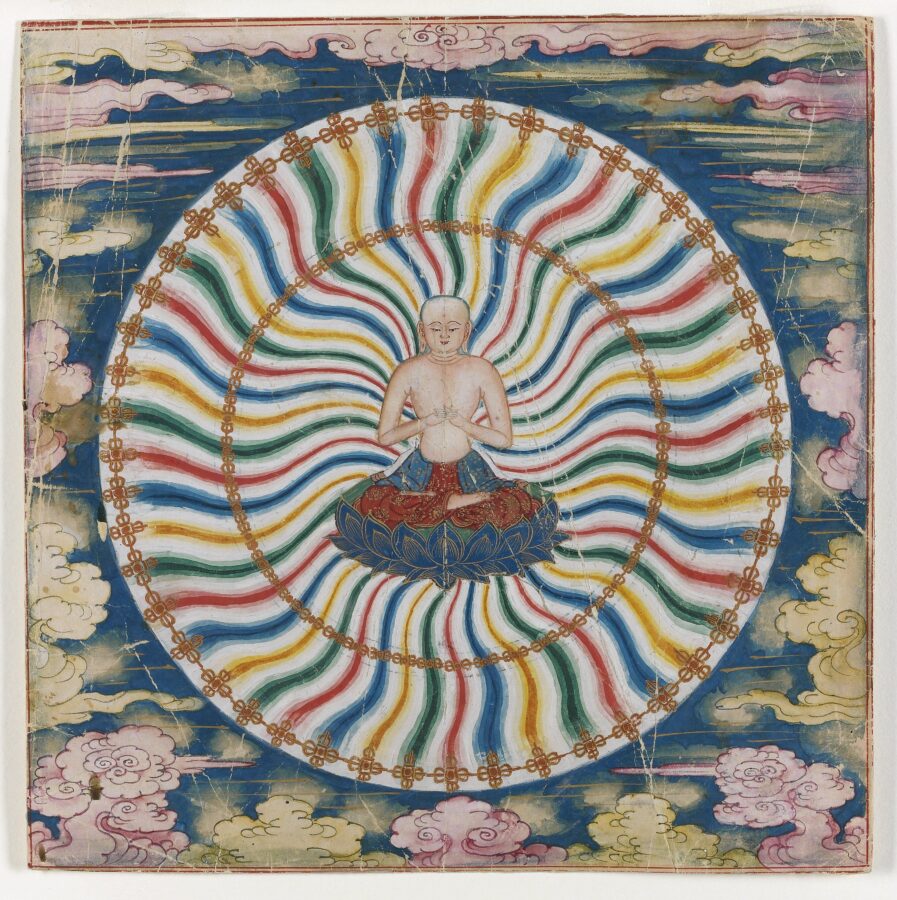 Painting of figure seated on lotus blossom surrounded by a circle filled with radiating lines of different colors.