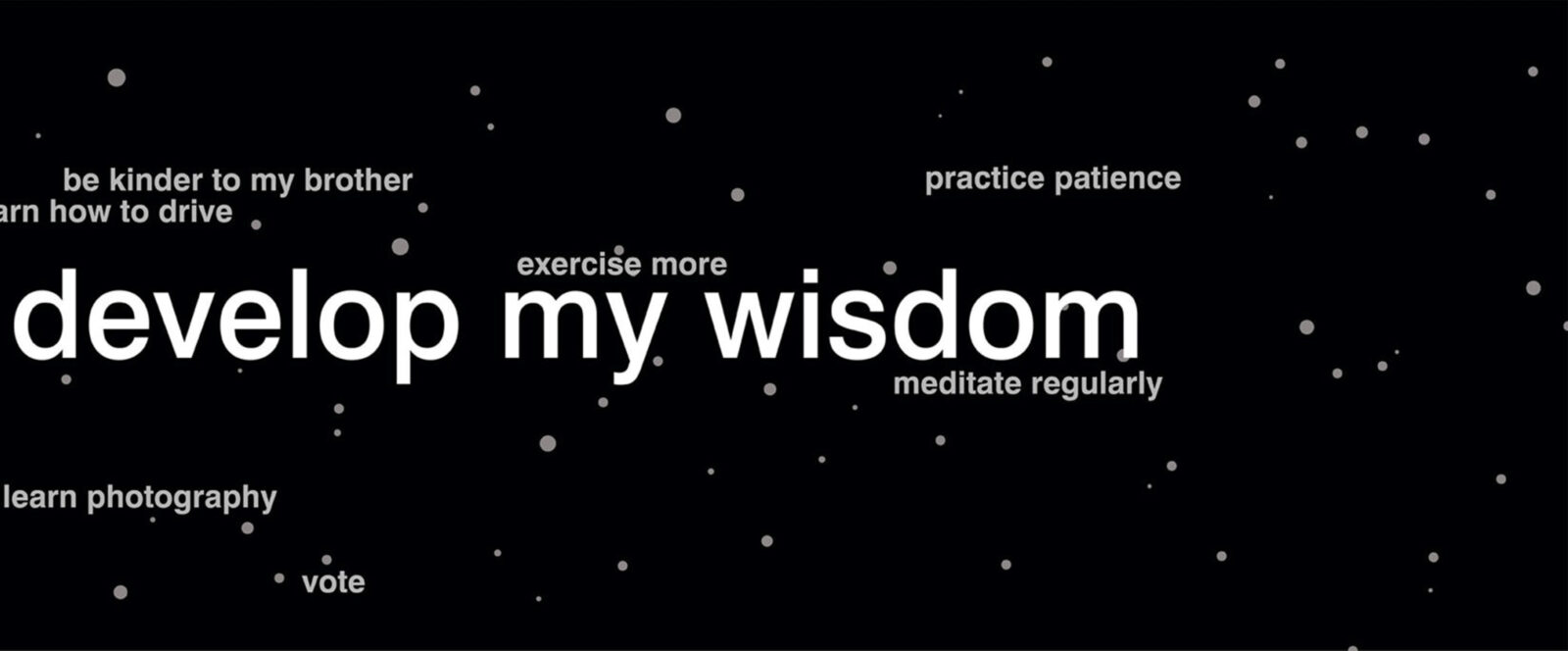 A large black rectangle with small gray circles of various sized. Center reads "develop my wisdom" in larger white text, surrounded by other phrases in smaller gray text.