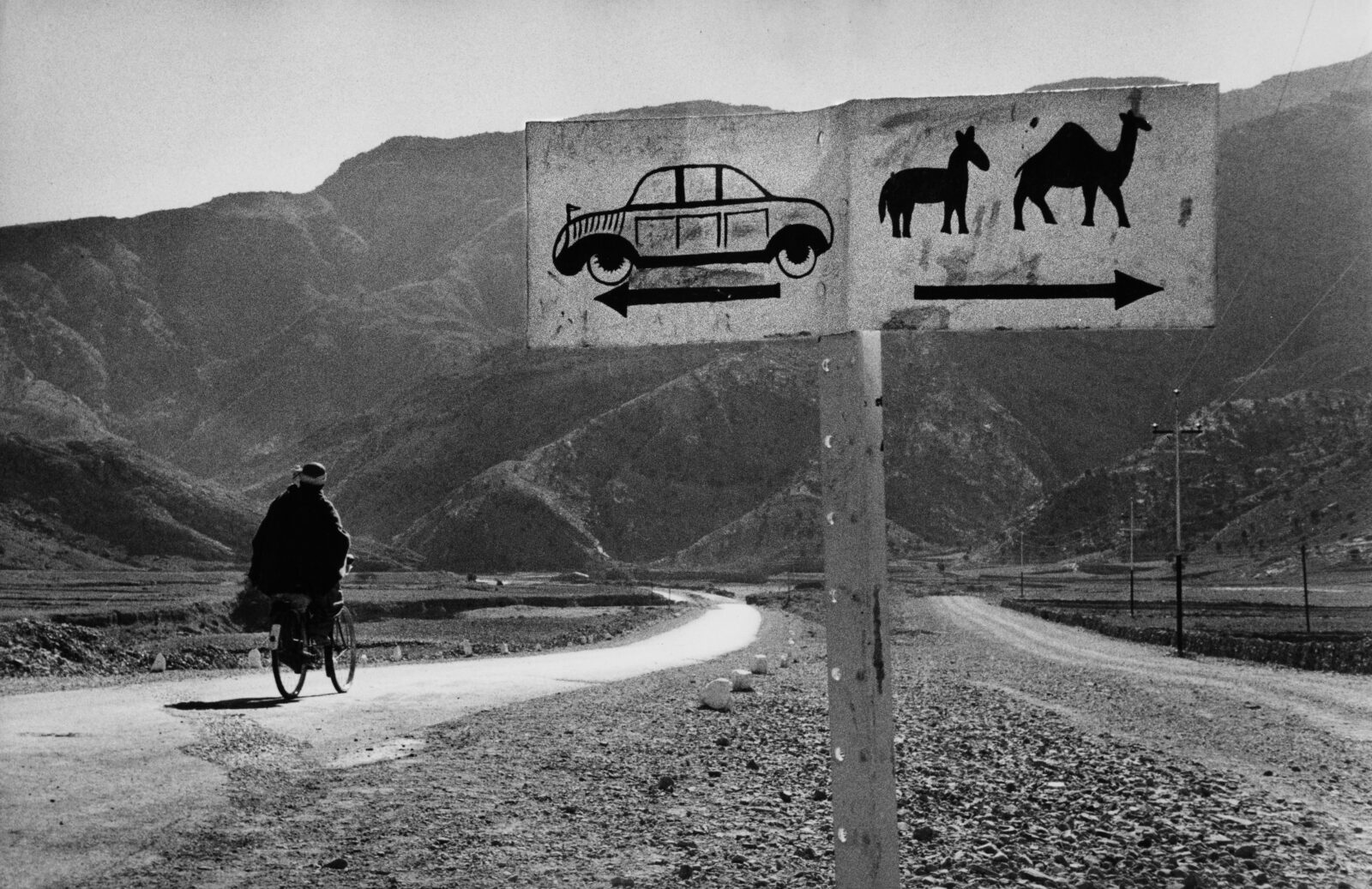 Black-and-white photograph of figure riding bicycle with mountains in background. Sign to figure's left has a drawing of a car and an arrow pointing left and a drawing of a horse and a camel with an arrow pointing right.