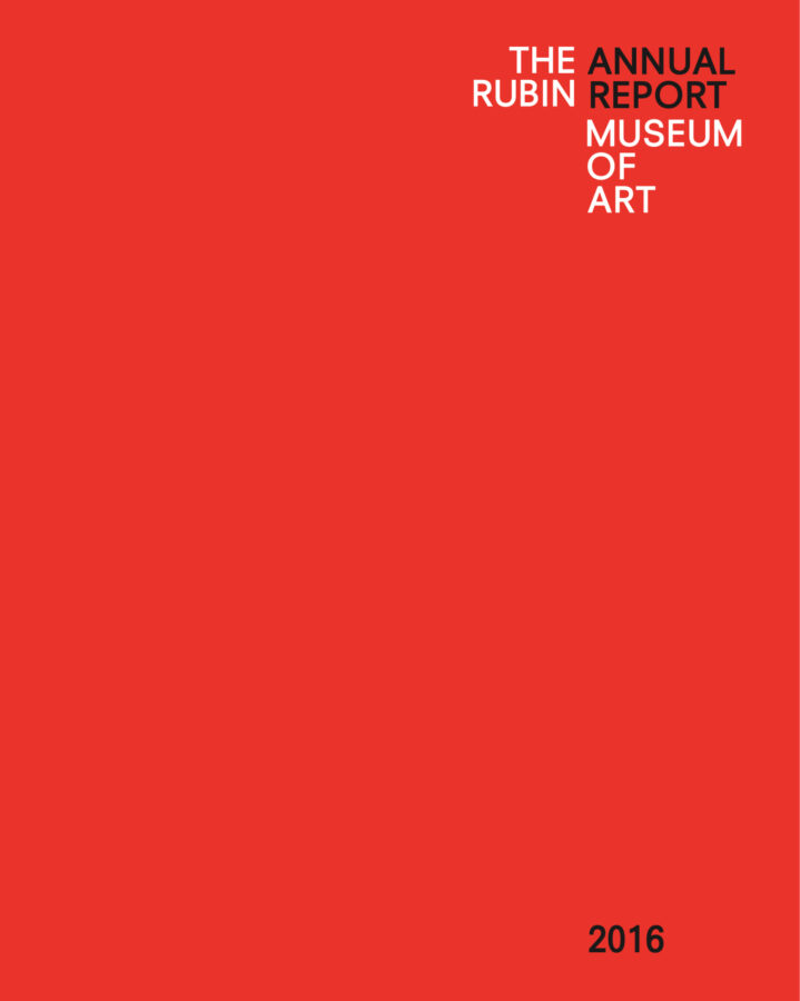 Cover of "The Rubin Museum Annual Report" "2016" in black and white type on red background.