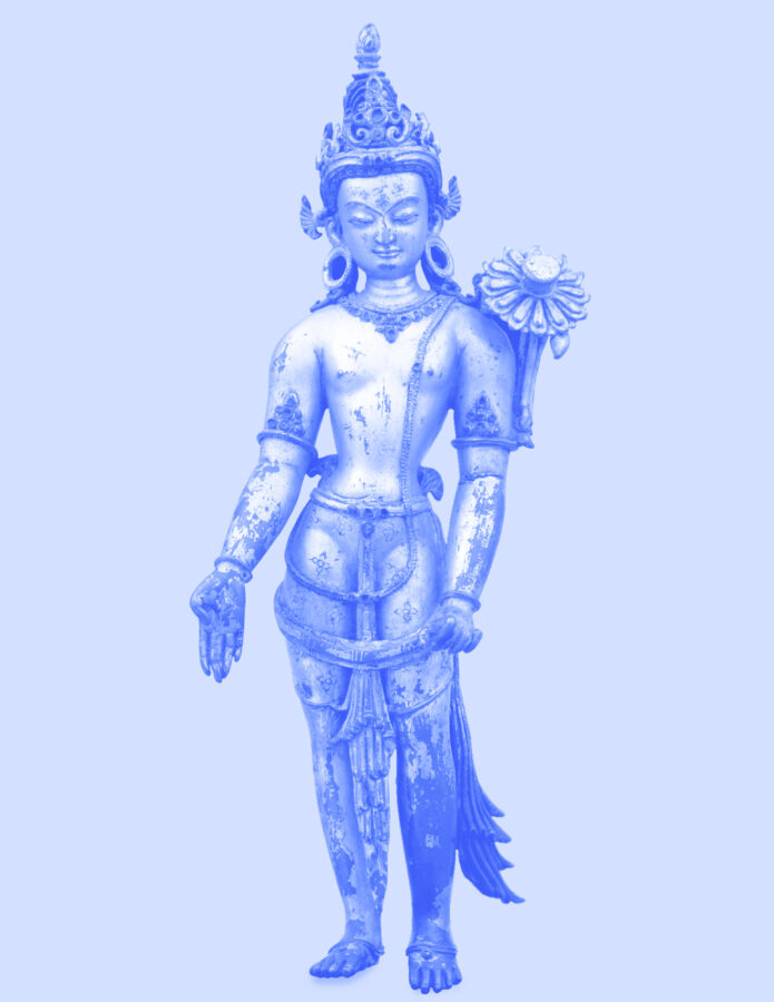 Blue image of statue of standing figure.