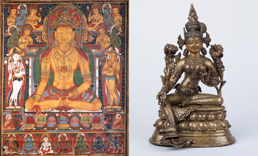 A collage of Buddha Ratnasambhava with Wealth Deities on the left, and Green Tara on the right